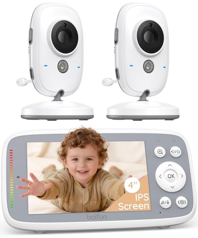 Boifun Video Baby Monitor with 2 Cameras, 720P IPS Screen, Invisible Infrared Night Vision, VOX Mode, No WiFi, Two-way Talk, Temperature Sensor, Lullabies, 4-inch, for Twins Two Children, Dual Cameras