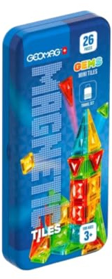 GEOMAG - Magnetic Mini Tiles Travel 26 | Bärbar magnetisk konstruktionssats | Set med färgade paneler för resor | Leksak för kreativ geometri | Magnetiskt delfodral