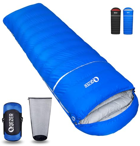 QEZER - Sacco a pelo in piuma, sacco a pelo rettangolare leggero invernale [1180g/1860g] per adulti e bambini, per 4 stagioni di campeggio, escursionismo, magazzino e alpinismo all'aperto (Blu, 1200g