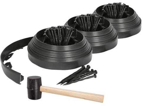 Harbour Housewares 30m Flexible Lawn Edging with 120 Pegs & Mallet - Black - Plastic Garden Edging Grass Border Flower Bed Stone Path Edge Height 4cm Patio Landscaping Divider Palisade