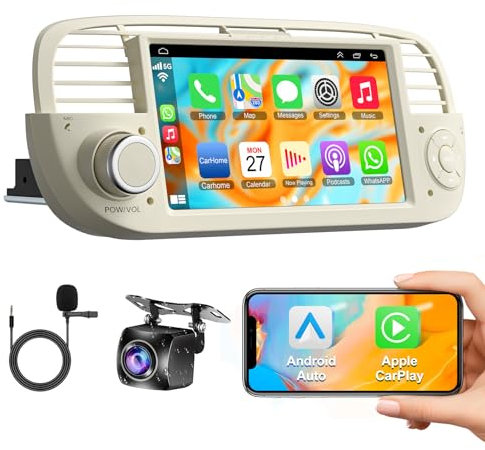 Autoradio für FIAT 500 (2007-2015), 7 Zoll IPS HD Display, kabelloses CarPlay & Android Auto, GPS Navigation, WLAN, Bluetooth 5.2, Rückfahrkamera, Sprachsteuerung, SWC und FM Radio