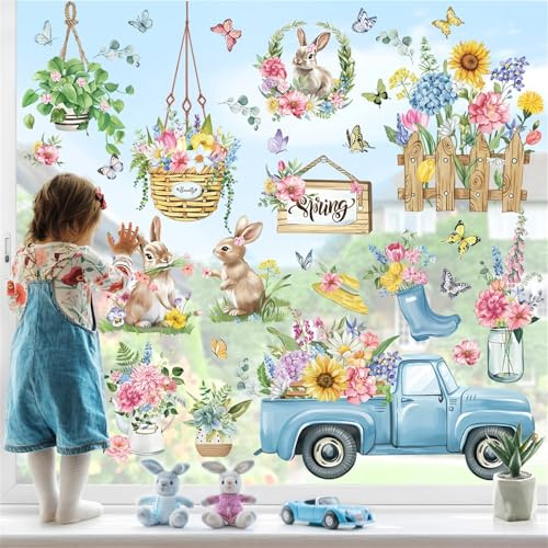 wondever Window Clings Decals Garden Flower Easter Bunny Glass Sticker | Vinyl Static Cling, Anti Collision, Double-Sided, Reusable Removable, Easy to Apply, Decorative, for Window Glass Door Home