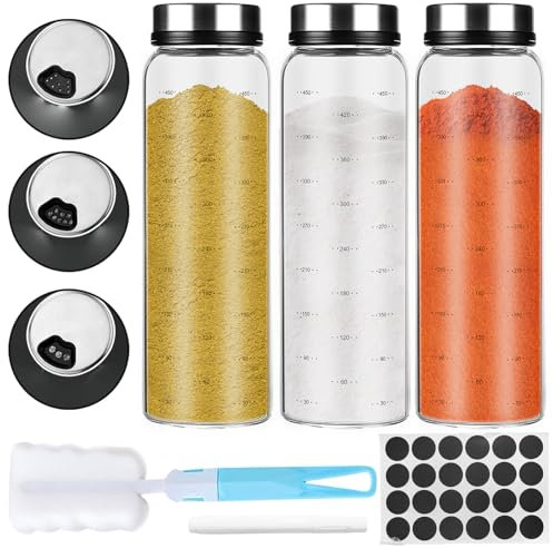WANDGU Spargispezie in vetro borosilicato: 3 barattoli grandi da 500 ml con coperchio girevole, 3 tipi su fori per spezie, contenitore per spezie, coperchio rotondo, in acciaio inox, per la cucina