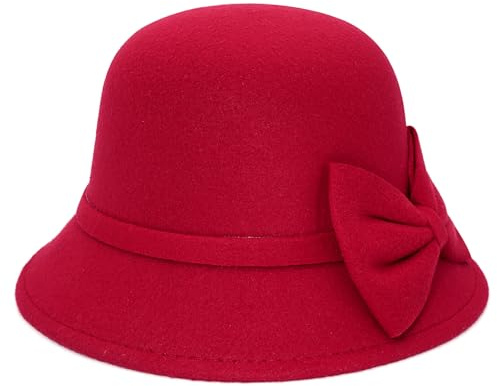 Buywis Chapeau melon Fedora en feutre avec nœud pour femme Style années 1920, Rouge, Taille unique