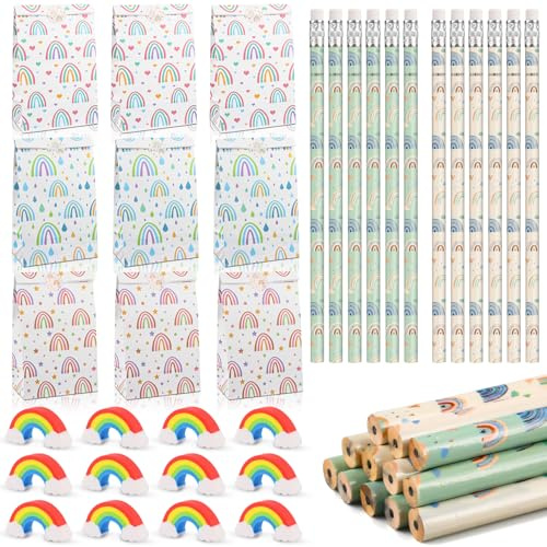 Ezydka Regenbogen Deko Kindergeburtstag 12 Bleistift Kinder, 12 Geschenktüten Partytüten und 12 Radiergummi für Geburtstag, Mitgebsel, Party, Gastgeschenk, Pinata