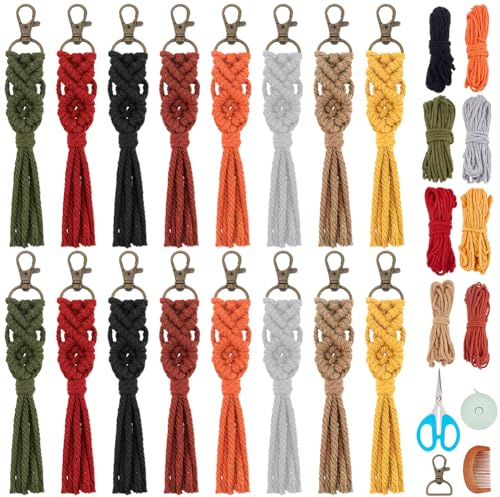 BEUNITONE 16Pcs Colorful Keychain Making Kit, Adult Boho Macrame Cord Keychain Craft Kits with DIY Keychains Macrame Supplies Kits, Key Chain Making Kit Easy Crafts for Adults Women Keychains Decor