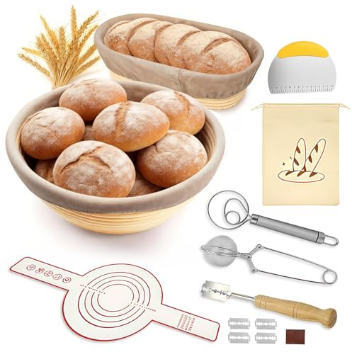 Set di 10 cestini per lievitazione naturale, 23 cm, rotondi e 25 cm, ovali, cestino per la lievitazione, per il pane, pieghevole, con raschietto per impasto, per il pane, per la fermentazione e altro