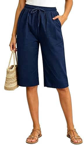 Neteson Short Long Femme Ete Pantacourt Fluide Léger Short Bermuda Coton | Pantalon Court Décontracté Pants de Plage Taille Haute Detente avec Poche