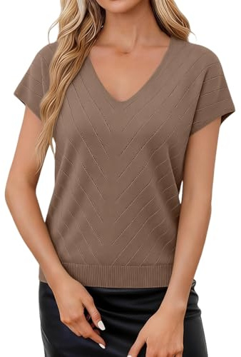 Suéter de punto de manga corta para mujer, cuello en V con detalle de rayas con ojales de cheurón, parte superior de punto acanalado ligero, casual, transpirable, para primavera y verano, uso diario