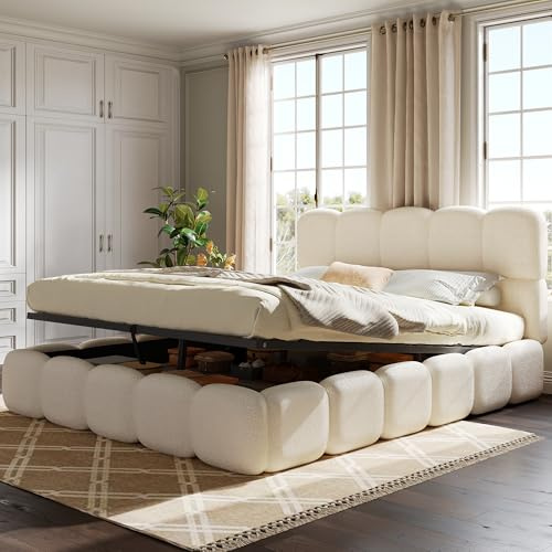 HOXINBLY Letto matrimoniale 160x200 con rete a doghe e testiera imbottita, con funzione idraulica e ampio vano contenitore, bouclé bianco(senza materasso)