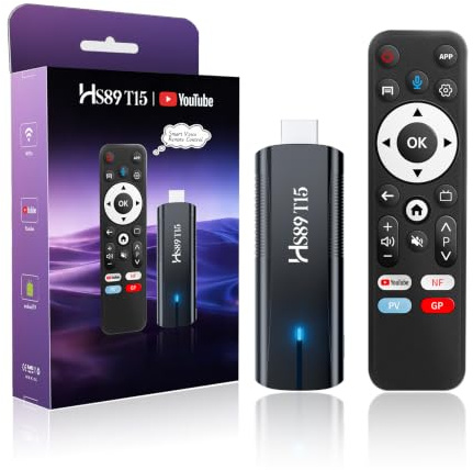 HS89 T15 Smart TV Stick Android 14 4K@60FPS Ultra HD, 2GB RAM 16G ROM RK3539 WiFi 6 Bluetooth 5 HDR10+ Android 14.0 TV Stick Box con Asistente Control Remoto por Voz, Dispositivo de Transmisión Negro