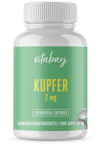 Vitabay Kupfer | 120 Kapseln mit je 2 mg | Mit Kupfergluconat | Bioverfügbar & Vegan | Laborgeprüft & hergestellt aus hochwertigen Rohstoffen
