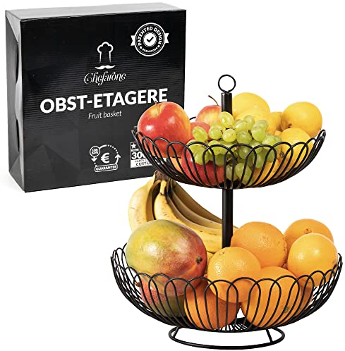 Chefarone Frutero de 2 Pisos – Cesta de Frutas Metálica Negra Estilo Vintage para Encimera y Mesa – Organizador de Cocina para Frutas, Verduras, Pan y Postres