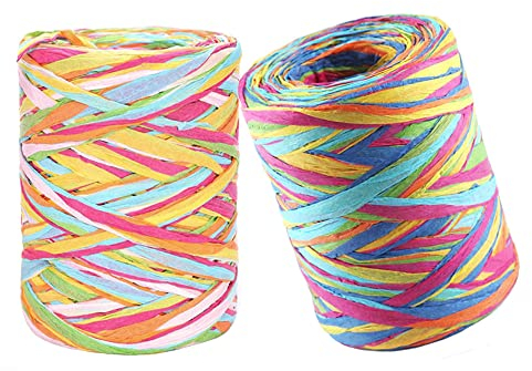 Niaciswe Bast Band Geschenkband Bunt 2 Rollen Bastband Raffia Paper Schnur Papierbänder Papier Bindfäden für Geschenkverpackung DIY Handwerk