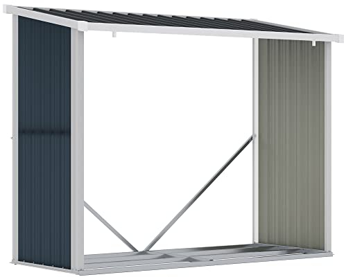 Outsunny Casetilla para Leña Acero Galvanizado Cobertizo Leñero de Almacenamiento de Troncos con Techo Inclinado para Jardín Terraza Exterior 185x84x133,5/148,5 cm Gris