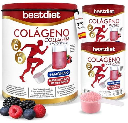 Bestdiet - Colageno con Magnesio y Vitamina C y D en Polvo, Colágeno Hidrololizado para Mantenimiento de la Piel, Articular y de Cartílagos, Pack de 3 botes de 250 gramos, Sabor Frutos Rojos