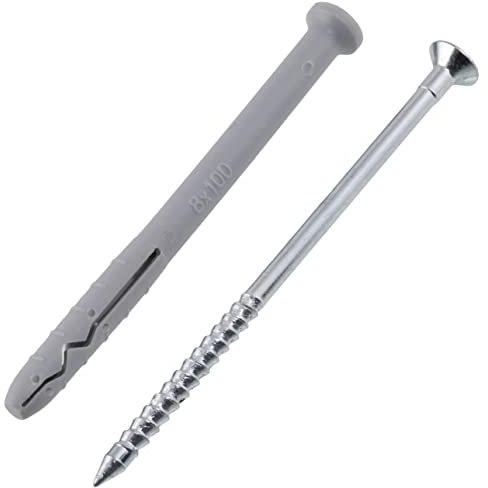 AERZETIX - C65089 - Juego de 25 Tacos clavos/golpe Ø8x100mm + 25 tornillos con cabeza fresada Ø5x105mm con brida - en nylon y metal - para fijación de hormigón ladrillo materiales sólidos taladrado