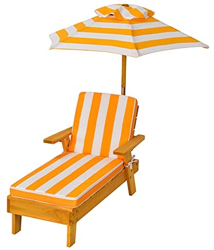 KOMFOTTEU Kinder Sonnenliege, Kinderstuhl mit Sonnenschirm & Kissen, Kinderliege aus Holz, Gartenliege bis 50kg belastbar, Kindersessel für Strand Balkon Pool, 92 x 49 x 106 cm