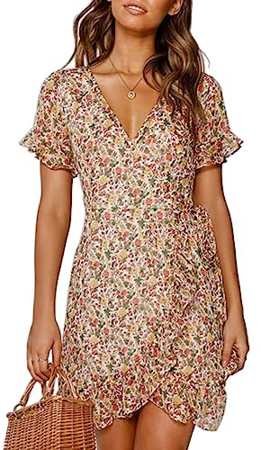 TOPLAZA Robe de Plage Femme Ete Fleurie Portefeuille Col en V Manches Courtes, Multicolore, S
