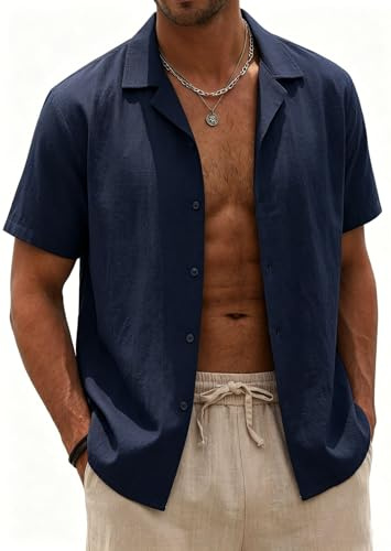 Halfword Uomo Camicia Lino Manica Corta Estiva Casual Risvolto Cotone Hawaiian Tinta Unita Vacanze Beach