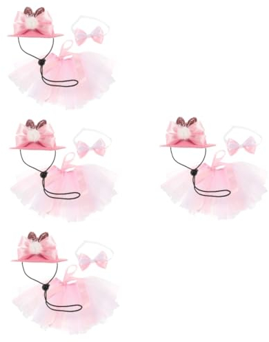 minkissy 4 Sets -Haustier-Outfit-Kostüme für kleine Hunde, rosa Outfits, Kostüm, Hund, Hündin, Osterkostüm, Hundekostüm, Osterkostüm, Welpenkleidung, Trendige Kleidung, Make-up, Netz-Zylinderhut