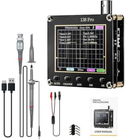 Jadeshay Osciloscopio,Osciloscopio Digital 3 en 1 Kit de Osciloscopio Portátil 138Pro Generador de Señal de Ancho de Banda de 200 KHz y Frecuencia de Muestreo de 2,5 MSPS con Pantalla Color HD 2,4''