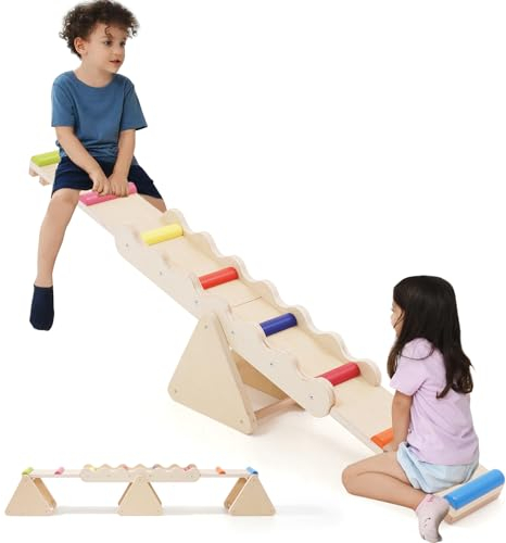 2 In 1 Balance Wippe Kinder, Schwebebalken Aus Holz, Wippe Schaukelwippe Garten, Balance Board Für Drinnen Und Draußen，Equilibrium Für Kinder, Ein-Wood-Videospiele, Equilibrium Spielgeräte