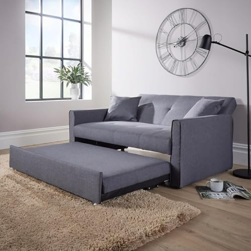 Home Source Charleston Convertible Sofabed, 2 Seater Pull Out Sofa Bed, Linen Fabric, Compact Living Room/Guest Bed – Dark Grey