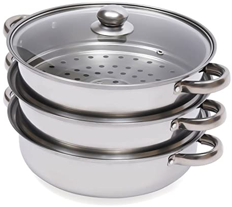 Cuiseur vapeur à 3 étages - Cuiseur vapeur pour légumes et pommes de terre - En acier inoxydable - Avec couvercle en verre - Pour la cuisine à la maison - 32,5 x 25 cm