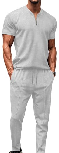 DONYKARRY 2-Teilige Herren Jogging Anzug Trainingsanzug Sportanzug Aus Baumwolle Fitnessraum Kurzarm Oben+ Hose Tracksuit Atmungsaktiv Hausanzug Set(Grau,M)