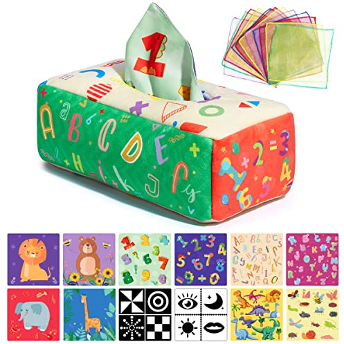 URMYWO Boite à Mouchoirs Sensorielle Bébé - Jouet d'Éveil Montessori avec Papier Froissé - Idéal pour Tummy Time - Cadeau Lavable Machine 0-12 Mois (L)