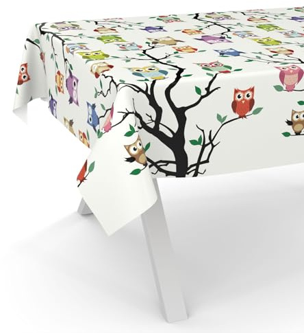 ANRO Nappe en toile cirée lavable - Nappe de table en toile cirée - Nappe de jardin - Rond, ovale, carré - 180 x 140 cm - Bord coupé - Motif chouette