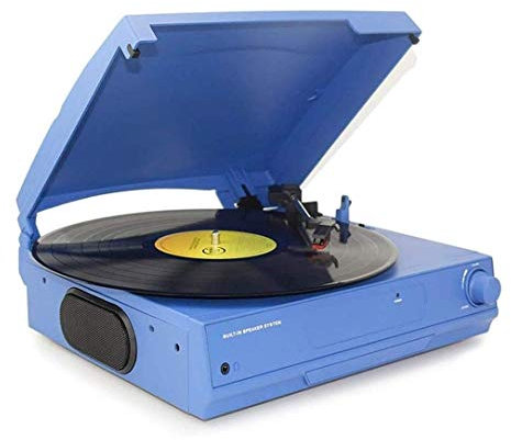 Skivspelare, musikdosa bältesdriven skivspelare med inbyggd stereohögtalare, skivspelare i vintagestil, Bluetooth (Blue One Size)