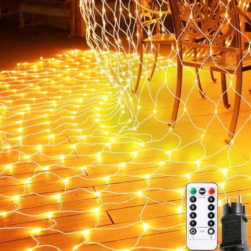 FZIFZI Rete Luminosa Natale Esterno, 3x2m 208 LED Rete di Luci Albero di Natale, 8 Modalità con Timer e Telecomando, Impermeabile Rete Luci Natale per Feste Balcone Giardino Parete Deco(Bianco Caldo)