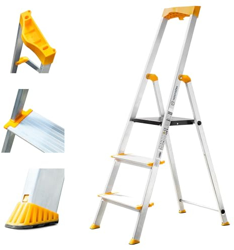 HOSTRÖM Escabeau 3 marches en Aluminium, Marche Pied Pliable, Porte-Outils, Marches Extra-Large 12cm, Usage Domestique et Professionnel, Garantie 5ans