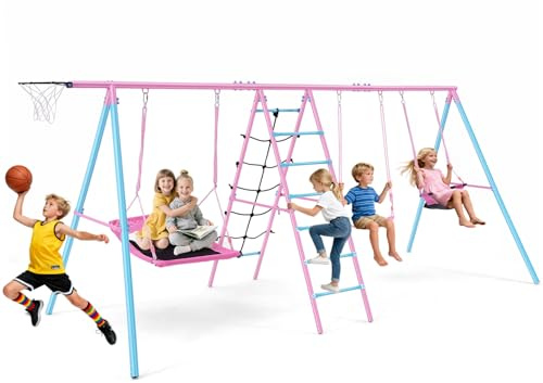 Heavy Duty Swing Sets for Backyard Kids 3-12, 700LBS 6-in-1 Outdoor Swingset for Playground with Basketball Hoop, 3 Adjustable Swings, Climbing Ladder Net - Large Metal Playset for Toddlers Children