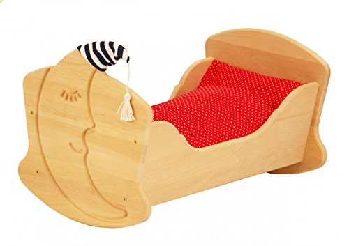 Drewart 933-3017 Puppenwiege aus Holz mit Bettzeug rot, Puppenbett, Holzspielzeug