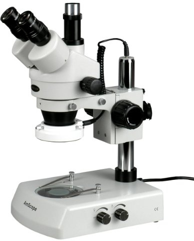 AmScope SM-2TZ-LED Professional Trinocular Stereo Zoom Microscope, WH10x Eyepieces, 3.5X-90X Magnification, 0.7X-4.5X Zoom Objective, Upper and Lower LED Lighting, Pillar Stand, 110V-120V, Includes 0.5X and 2.0X Barlow Lenses
