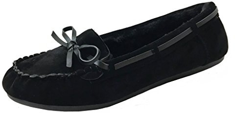 Blueberry Womens Faux Soft Suede Fur Lined Moccasin House Slippers (Moccasin-21) Black, 6