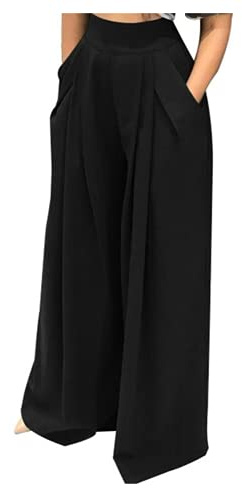 NRTHYE Womens Palazzo Long Pants High Waist Wide Leg Stretchy Loose Fit Casual Trousers with Pocket - Black - Large
