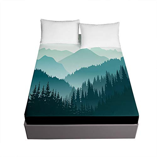 Chickw1 Berg Druck Spannbetttuch für Boxspringbett, Weiche Spannbettlaken Rutschfestem Mikrofaser Matratzenschoner bis 30cm Hohe für Matratzen in Vielen Größen (Türkis,140x200x30cm)