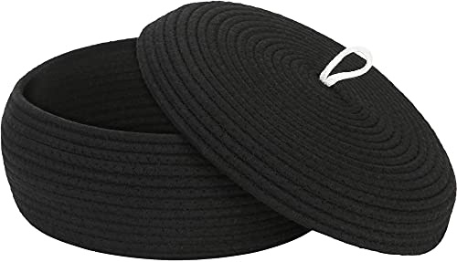 Sea Team Round Woven Cotton Rope Storage Basket with Lid, Black