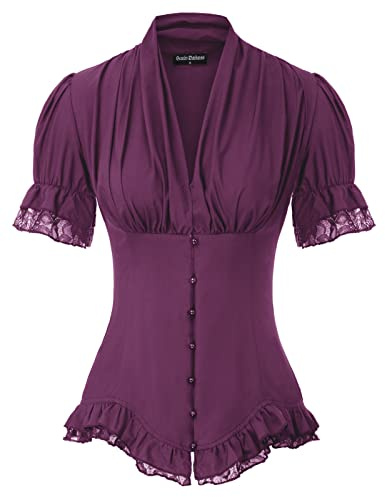Scarlet DARKNES Women 2025 Summer Short Sleeve Shirt Dressy Victorian Blouse Lace Up Work Top, Eggplant Purple, L
