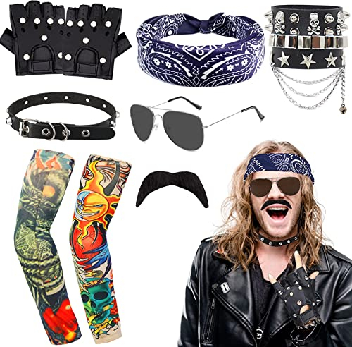 HEAWAA 10 Stück Rock Kostüm Zubehör, 70er/80er/90er Punk Gothic Rocker Kit mit Bandana Tattoo Ärmel Handschuhe Armband Brille Schnurrbart Halsband Ringe für Herren Damen Party