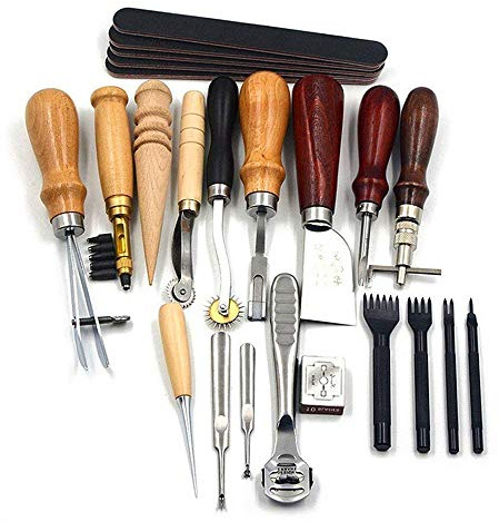 Sewing Craft & Leather Tools Set 18 Pcs Leather Craft DIY Tool for Hand Sewing Stitching,Stamping Set and Saddle Making,Stitching Carving Working-PLUT