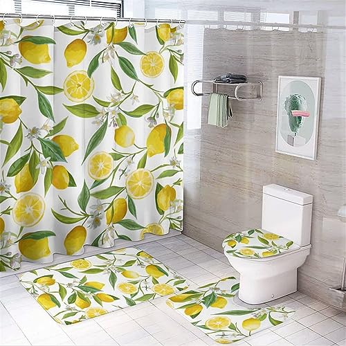 CZZYH 183 cm x 183 cm Duschvorhang & 74 cm x 44,5 cm Badematte & WC-Vorleger, Blumenblatt Zitrone Badezimmer 4-teiliges Set