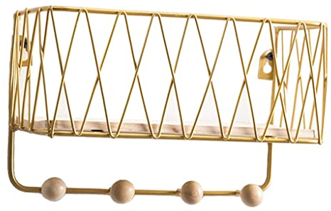 SOYDAN Briefständer aus Eisen und Holz, Organizer zur Wandmontage, Briefsortierer für den Eingangsbereich, für Schlüsselbänder und anderes Zubehör, goldene kleine Haken