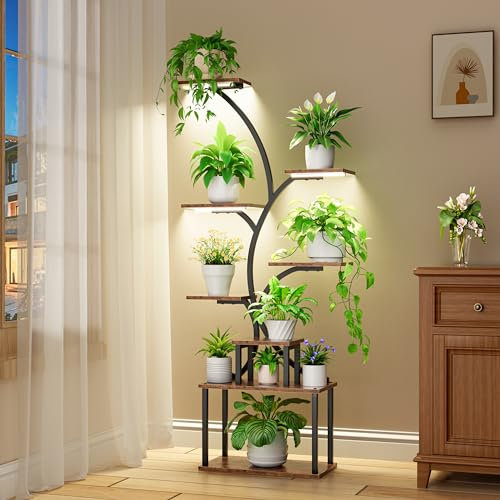 POZILAN Support pour plantes d'intérieur avec lampe de croissance, 8 niveaux hauts pour plantes d'intérieur multiples, étagère en métal, salon, jardin, terrasse