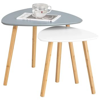SoBuy 2er Set Beistelltisch mit Ablagen Couchtisch Sofatisch Kaffeetisch Satztisch fürs Wohnzimmer Bambus Hellgrau-Weiß FBT74-HG