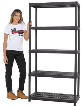 The Workplace Depot Heavy Duty 5-Tier Plastic Shelving Unit, 5 Shelf 1840mm | 65kg Per Shelf, Non-Rusting Black, Tool-Free, Indoor Outdoor Storage for Garage & Workshop 5 Shelf 1840mm, Heavy Duty.